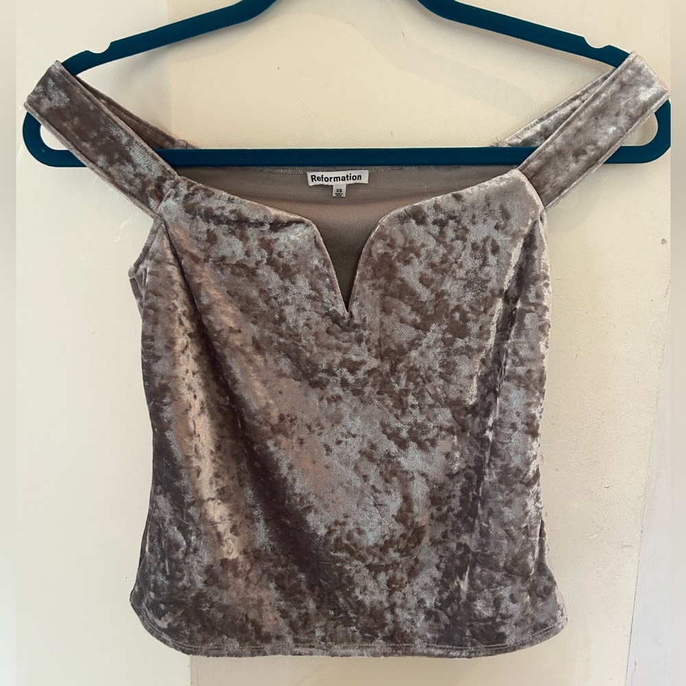 Reformation crushed velvet off shoulder top silver grey